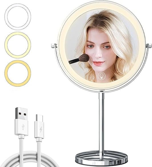 9in Makeup Mirror with Lights, 3x/20x 5000mAh Rechargeable Lighted Makeup Mirror with Magnification, 360° Rotate Magnifying Mirror,3 Color,Dimmable up,3800lux,80 LEDs,No Height Adjustment,Silvery