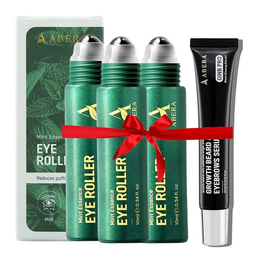 Abera Eye Roller Serum for Men – Cooling Roller for Puffy Eyes & Dark Circles, Under Eye Treatment with Mint Essence, Vitamin C & Peptides, 0.34 Fl Oz, 3 Box + 1 Eyebrows Serum
