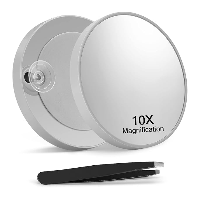 10X Magnifying Mirror with 2 Suction Cups, 3.5 inches Magnified Makeup Mirror and Slant Tweezers,Grey,1PC
