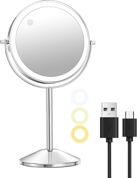 10X Lighted Makeup Mirror with Magnification 8" Stand Up Double Sided Magnifying Mirror with Lights 3 Color Brightness Adjustable Table Light up Mirror 360°Swivel Rechargable Light up Mirror