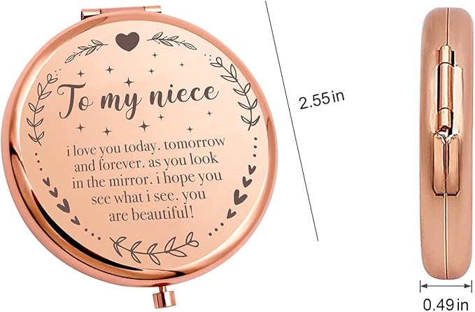Ming Heng Niece Gift Rose Gold Travel Compact Makeup Mirror,Niece Gift from Aunt and Uncle, Graduation Gifts for Her, Niece Birthday Gift Ideas, Niece Christmas from Auntie Uncle