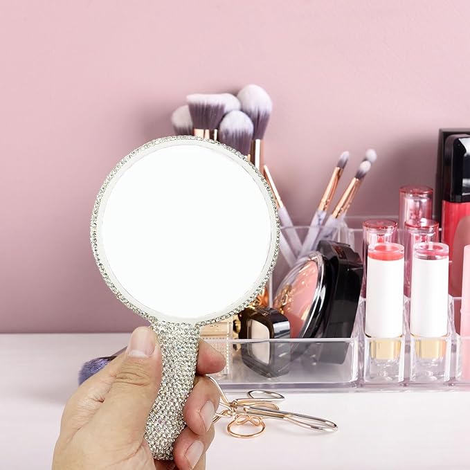 LOPURO Sparkling Rhinestone Round Shaped Handheld Mirror, Rhinestone Handheld Round Mirror Bling Glitter Cute Cosmetic Hand Mirror with Handle Portable Makeup Mirror for Women Travel
