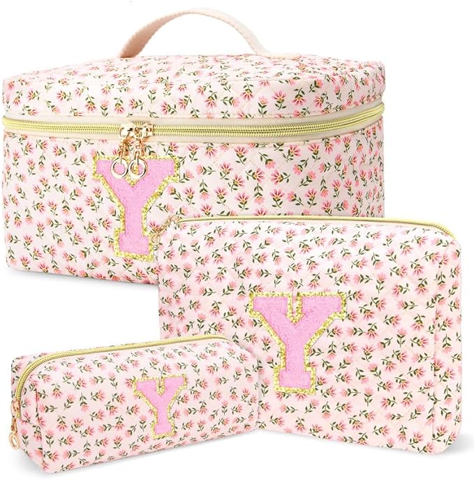 3 PCS Travel Makeup Bag Set, A-Z Initials Cotton Make up Bag Floral Quilted Cosmetic Bag for Girls and Women, Personalized Cute Toiletry Bag Travel Accessories Brushes Bag Flower - Y