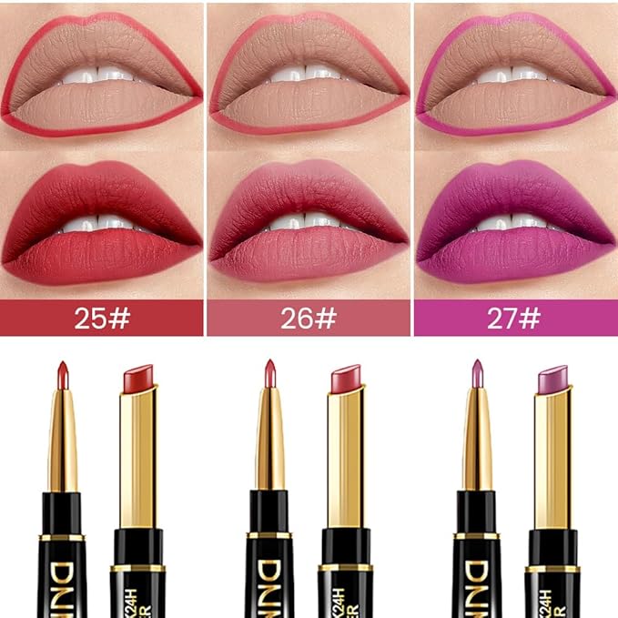 BINGBRUSH 2 IN 1 Lip Liner & Lipstick Makeup Set, Dark Red Matte Metallic Lipliner Set for Black Mature Women Waterproof Long Lasting Gift Set (3Pcs Set10-Matte:25#26#27#, 3Pcs)
