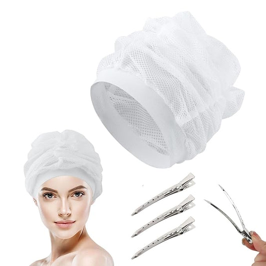 Net Plopping Cap For Drying Curly Hair, Adjustable Mesh Plop Hat With Drawstring, Durable & Reusable, For Various Hair Types, Includes 4pcs Hair Clip, White, Female, Women's Curly Hair Care