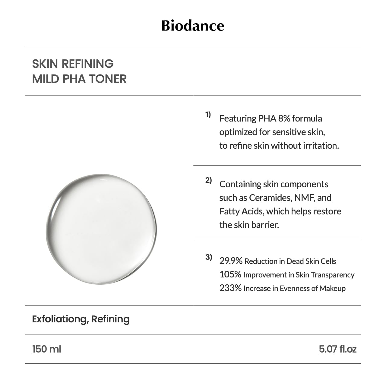 Biodance Skin Refining Mild PHA Toner, Gentle Exfoliating Face Toner for Sensitive Skin with Ceramides & NMF | 5.07 fl.oz,150ml