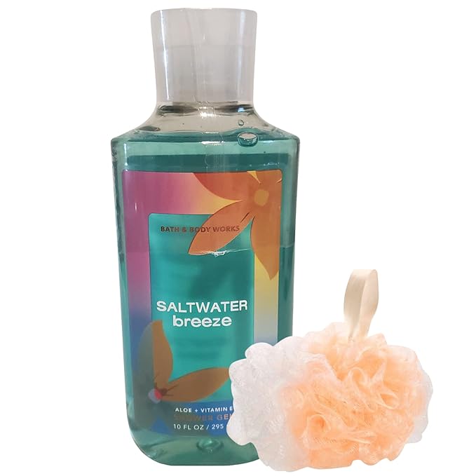 Bath & Body Works Bath and Body Works Gift Set Bundle with Shower Gel Soap and Loofah Sponge Pouf - (Saltwater Breeze), Beige, 1 Count , 2