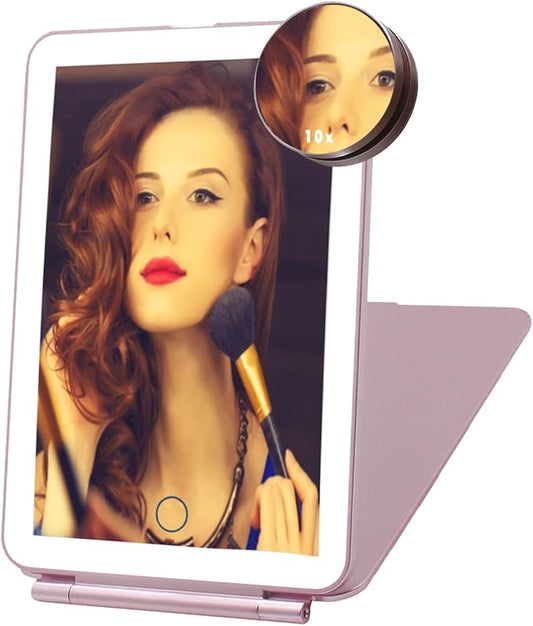 Makeup Mirror with LED Lights – USB Rechargeable Led Lighted Vanity Mirror | Travel Mirror with 3 Color Lights | Touch Screen Sensor Portable and Magnifying Mirror