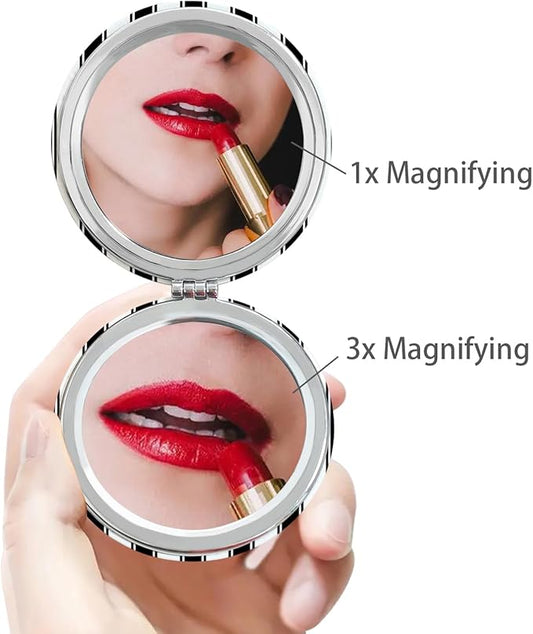 Cheap Small Compact Mirror, Round 2.8” Metal Frame PU ClothLines Style Double Sided Mini Magnifying 1X/3X Mirror for Purse Compact Travel Mirror (ClothLines02)