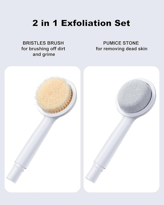 FUNEST Back Scrubber for Shower, 2 in 1 Shower Brush Exfoliator with Pumice Stone, 15 inch Long Handle Body Brush for Wet or Dry Brush