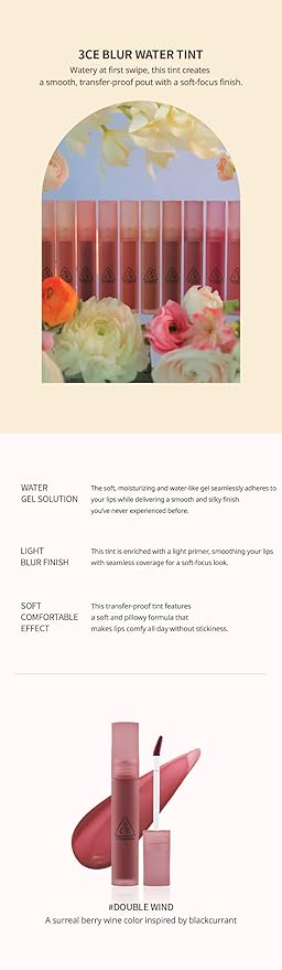 3CE BLUR WATER TINT(4.6g) soft lip with less smear with a blurry finish (#DOUBLE WIND) with sun cream(1ml*3ea)