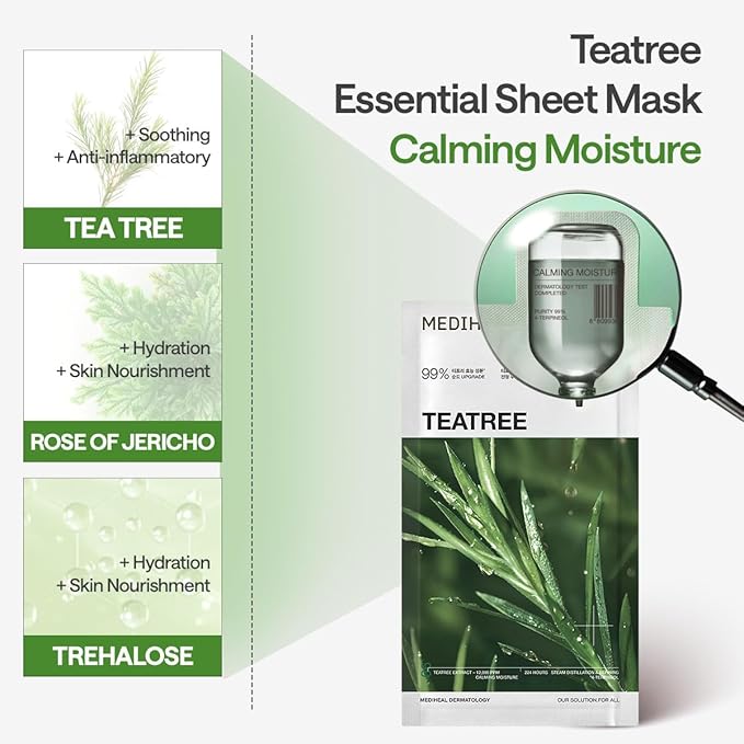Mediheal Teatree Essential Sheet Mask Calming Moisture 10 pcs. 99% Pure Teatree & Teatree 7X for intensive soothing and hydration. Suitable for acne-prone skin. Vegan formula.