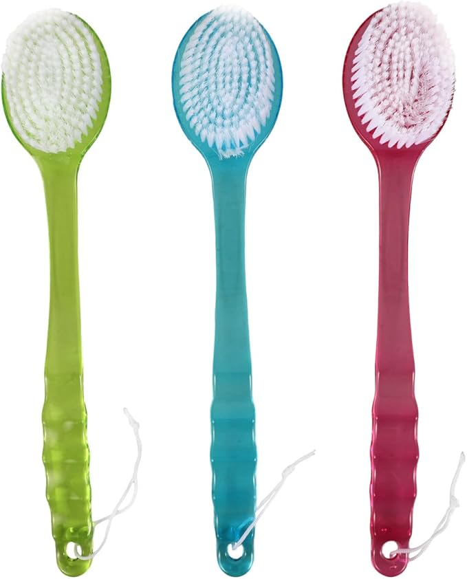 Back Scrubber for Shower, 3pcs Shower Brush Long Handle with Bristles for Skin Exfoliating Bath, Body Exfoliator Massage Bristles Suitable for Wet or Dry, Random Color