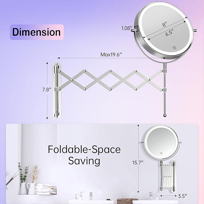 Famihomii Rechargeable Lighted Makeup Mirror Wall Mounted, 8 Inch 1X/10X Double Sided Magnifying Mirror with 3 Light, 360° Swivel Bathroom Extendable Mirror, Telescoping Mesh Shaving Mirror - Chrome