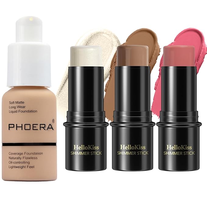 Hilareco PHOERA Foundation,3 PCS Contour Stick Makeup Kit,Shades with Highlighter Stick,Blush Stick and Bronzer Contour (104+Light-Medium Contour/Buff Beige+#02,#10,#12)