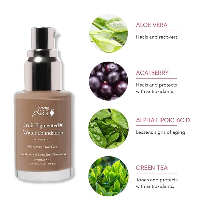 100% PURE Water Foundation Full Coverage Hydrating Makeup, Light Dewy Finish, Moisturizing Concealer for Normal to Dry Skin, Fruit Pigment Color Neutral 4.0 w/Peachy Undertones for Tan Skin - 1 Fl Oz