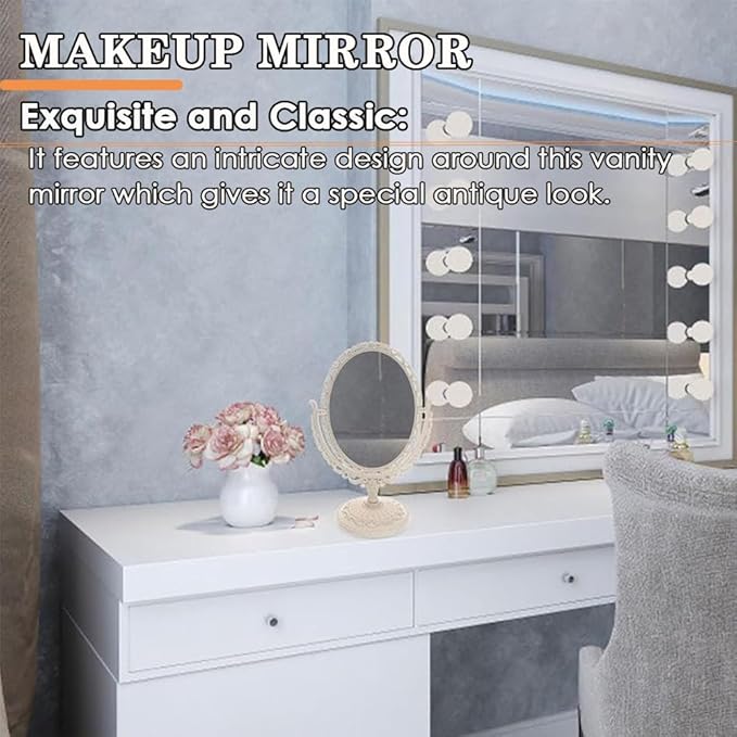 AKOAK 1 Pack Desktop Makeup Mirror, Oval Desk Makeup Mirror, Double-Sided 360-degree Rotating Makeup Mirror Bathroom Bedroom Makeup Mirror, Travel Mirror Suitable for Women (Beige)