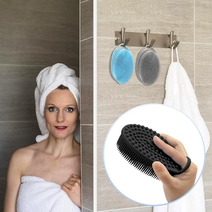 3 Pack Silicone Body Scrubber, Exfoliating Body Scrubber, Soft Silicone Loofah Men, Body Scrubber Fit for Sensitive and All Kinds of Skin, Black+blue+gray (PQRUU54635)