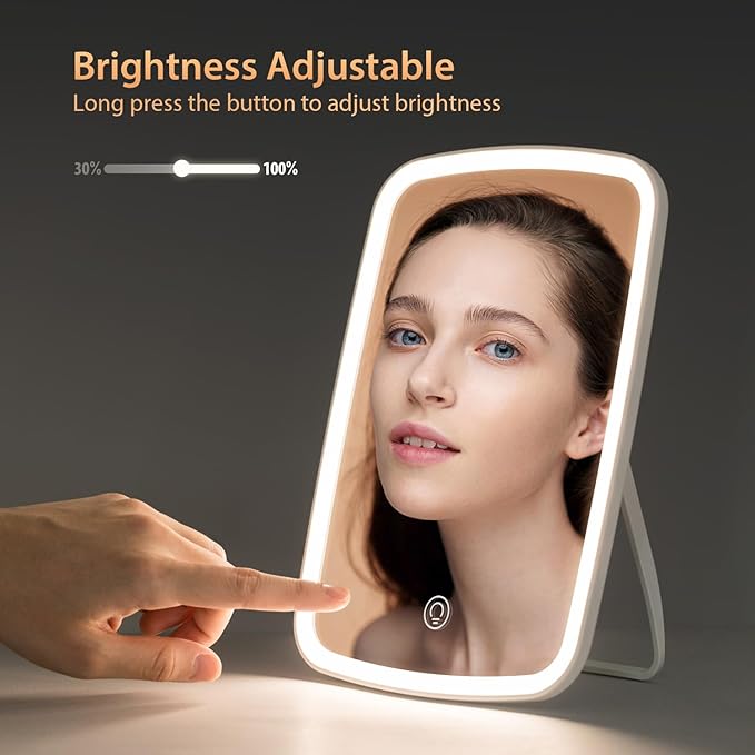 Rechargeable Makeup Mirror with Lights, Portable Travel Lighted Vanity Mirror, Dimmable Touch Screen Tabletop LED Make up Mirror