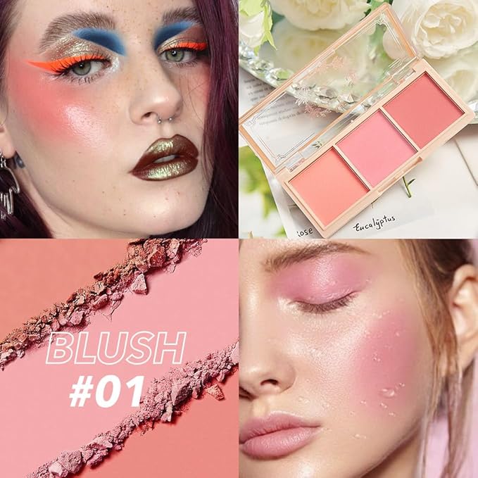 3 IN 1 Brown Nude Face Highlight Bronzer Powder Palette for Face Cheeks Contour Brightening, Buildable Matte Coverage Natural Makeup,Ultra Sculpt Nose Shadow Eyeshadow Primer 01# (01#, 3 Grid)