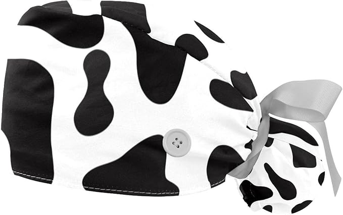 2 PCS Bouffant Cap with Button Ponytail Pouch Working Cap Sweatband Adjustable Surgical Cap Black and White Cow