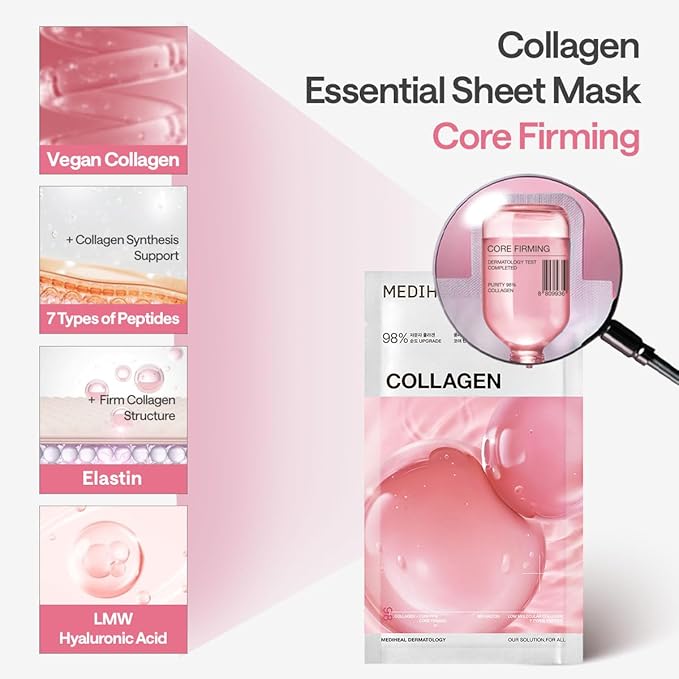 Mediheal Collagen Essential Sheet Mask Core Firming 10 pcs. 98% Vegan Collagen for firming, elasticity, and skin density improvement. Vegan formula.