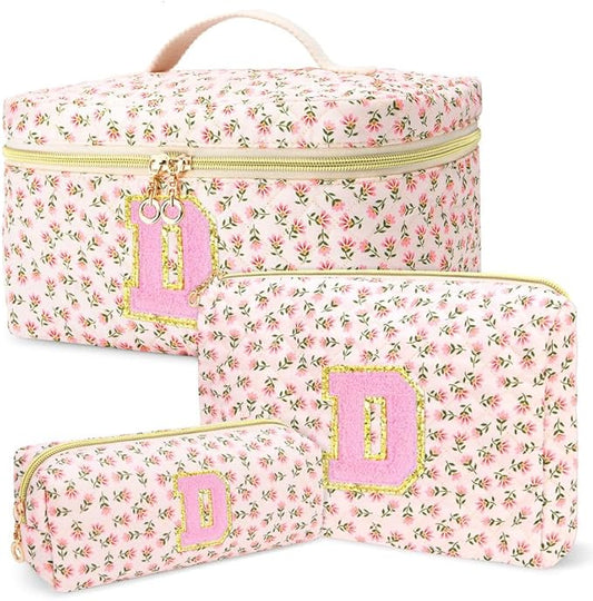 3 PCS Travel Makeup Bag Set, A-Z Initials Cotton Make up Bag Floral Quilted Cosmetic Bag for Girls and Women, Personalized Cute Toiletry Bag Travel Accessories Brushes Bag Flower - D