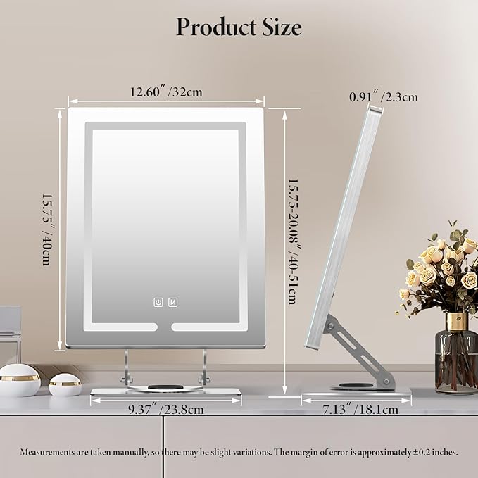 Makeup Mirror with Lights and 5X Magnification, 360°Rotation Lighted Makeup Mirror, Free Adjustable Angle and Height, Mirror with Lighting with Smart Touch for Bedroom Tabletop, Gift for Women