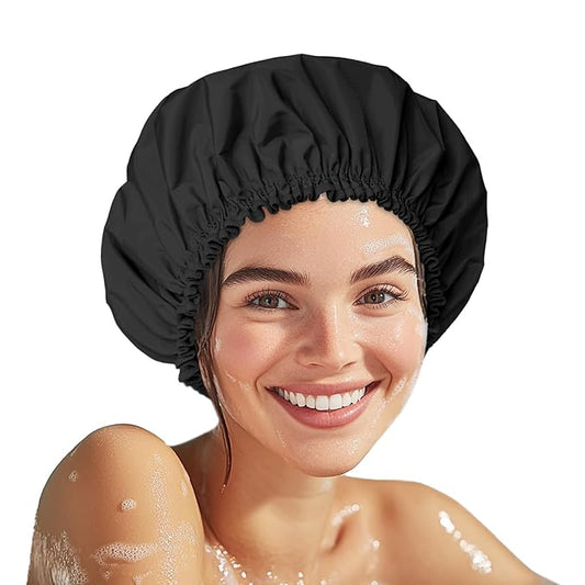 Shower Cap for Women Set of 4, 1 Double-Layer Waterproof Bath Cap + 3 Single-Layer Waterproof Shower Caps – Reusable Hair Protector, TPU Coated Elastic Bathing Cap for Women & Men - Black