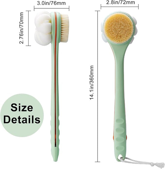 Hotodeal Shower Brush with Bristles and Bath Mesh Sponge,Handheld Cleansing Shower Body Brush,Back Scrubber with Long Handle for Skin Exfoliating Bath,Light Green Orange