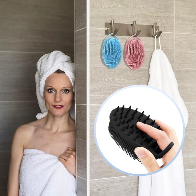 2 in 1 Silicone Body Scrubber Shampoo Brush, Shower Scrubber, Bath Scrubber,Exfoliating Scalp Massager, Loofah Clean Sanitary,Rapid Foaming-3 Pack, Black+blue+pink（new）, PQRUU54635