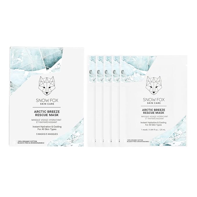 Snow Fox Skincare - Arctic Breeze Rescue Mask - Peppermint Oil, Aloe Vera, Seaweed Extract | Hydrating, Soothing Skin Redness & Irritation | Post-Sun Recovery | Premium Organic Cotton - 5 Pack