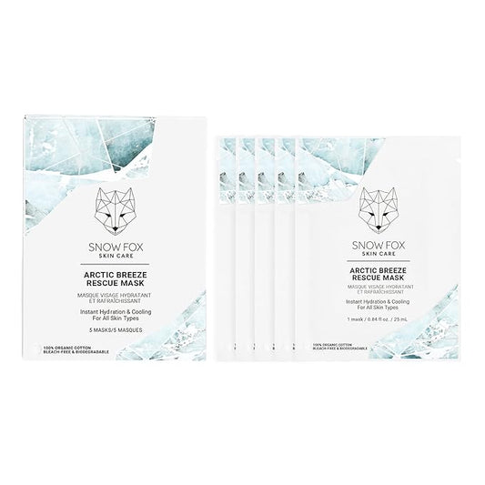 Snow Fox Skincare - Arctic Breeze Rescue Mask - Peppermint Oil, Aloe Vera, Seaweed Extract | Hydrating, Soothing Skin Redness & Irritation | Post-Sun Recovery | Premium Organic Cotton - 5 Pack