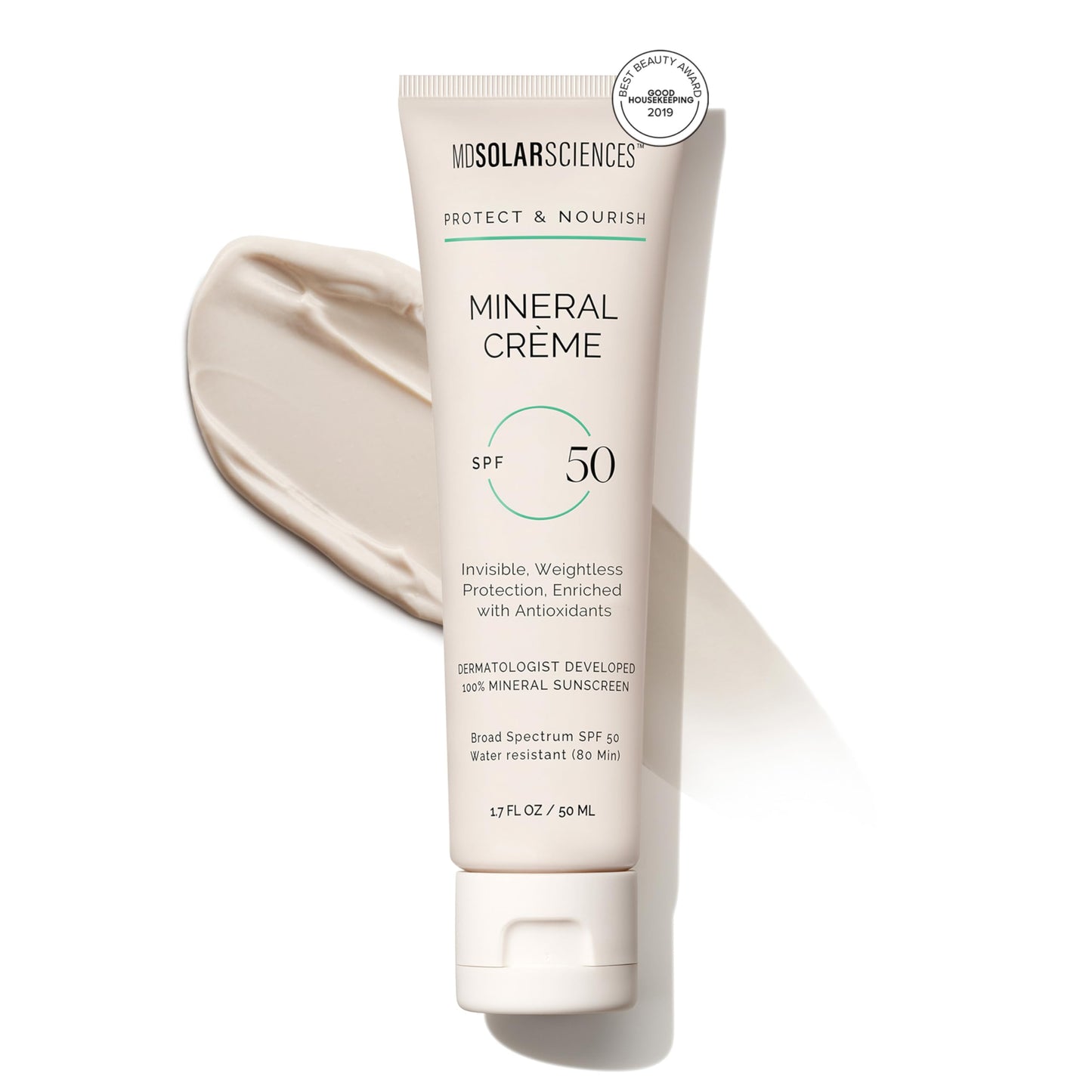 MDSolarSciences Mineral Crème Sunscreen SPF 50 | Water-Resistant, Broad Spectrum UV Protection | Zinc Oxide Formula with Antioxidants | No White Cast, Sheer Matte Finish for All Skin Types (1.7 Fl Oz)