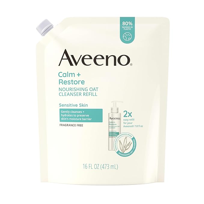 Aveeno Calm + Restore Nourishing Oat Facial Cleanser for Sensitive Skin, Gentle Face Wash with Nourishing Oat & Calming Feverfew, Hypoallergenic, Fragrance-Free, Refill Pouch, 16 fl. oz