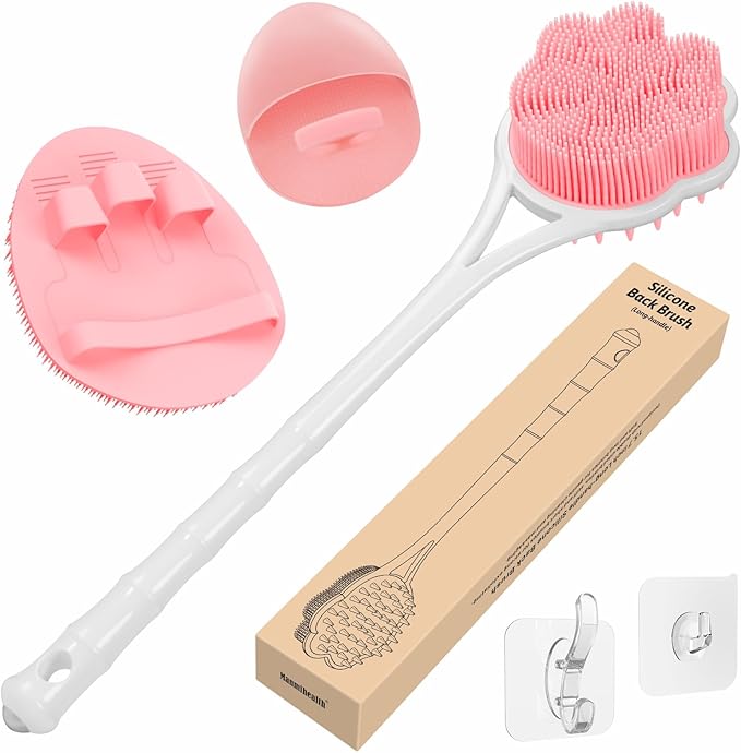 Manmihealth 15.7" Cute Back Scrubber & Soft Silicone Shower Brush Face Scrubber Set (3 PCS), Paw-Shaped Silicone Back Brush & Body Facial Scrubber with Super-Soft Bristles Combination(PinkSet)