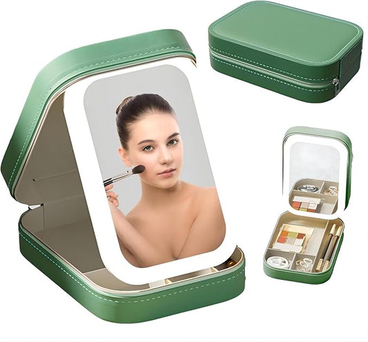 Makeup Case with LED Mirror, Three Color Brightness Adjustable Makeup Mirror, Rechargeable Makeup Mirror, Portable Cosmetic Case, LED Light Jewelry Box (Green)
