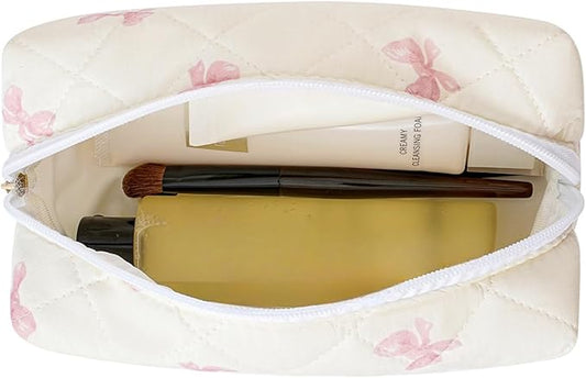 Gleyemor Small Quilted Makeup Bag for Women, Cute Floral Bow Cosmetic Bag, Emergency Bag Travel Toiletry Cotton Pouch Gifts for Girls Her Mom Friend Sister Bridesmaid (Small Pink Bowknot)