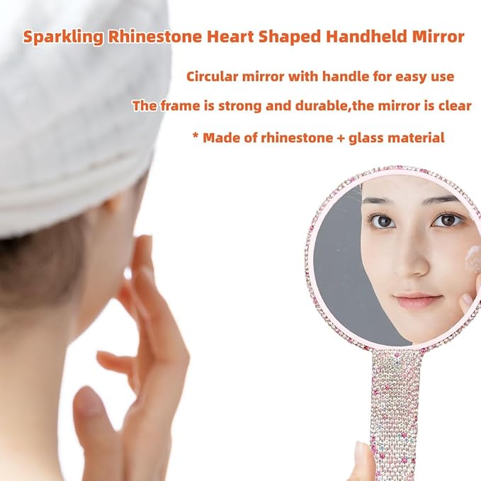 LOPURO Sparkling Rhinestone Round Shaped Handheld Mirror, Rhinestone Handheld Round Mirror Bling Glitter Cute Cosmetic Hand Mirror with Handle Portable Makeup Mirror for Women Travel
