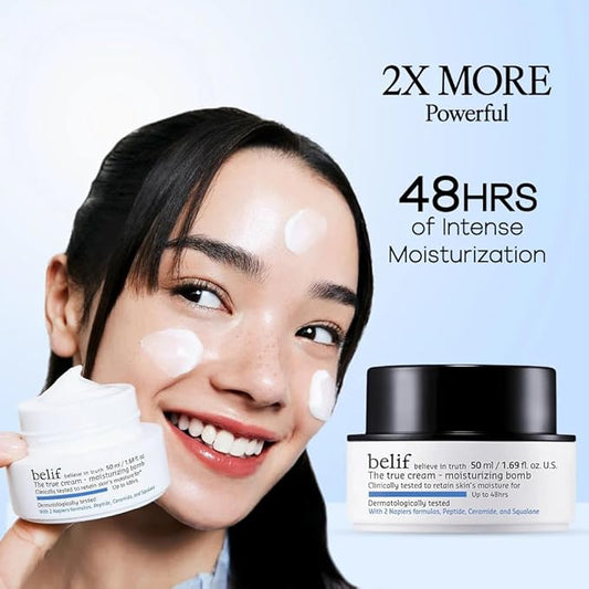 belif Moisturizing Bomb – Daily Ceramide Moisturizer with Peptide & Squalane, 48hr Hydration & Anti-Aging Cream, Milky & Lightweight, Restores Skin Barrier, Korean Skincare, 1.68 fl oz (50ml)