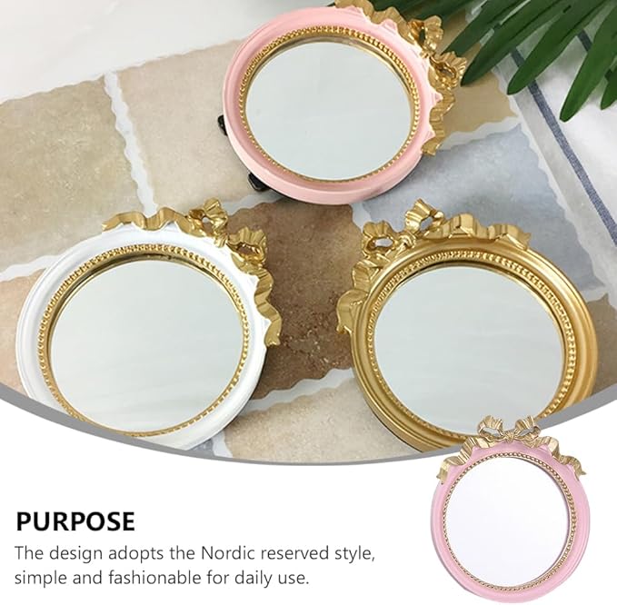 1pc Round Portable Makeup Mirror with Bowknot Design Elegant Resin Small Mirror for Women Travel-Friendly Compact Vanity Colors