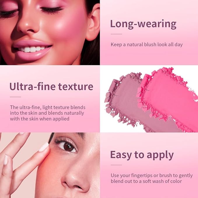 Blush Powder Palette, Multi-Use Matte Makeup Blush Palette for Cheeks, Eyes, Long-Lasting, Natural Look, Complements All Skin Tones, Vegan, High Pigmented (Pink, Normal)