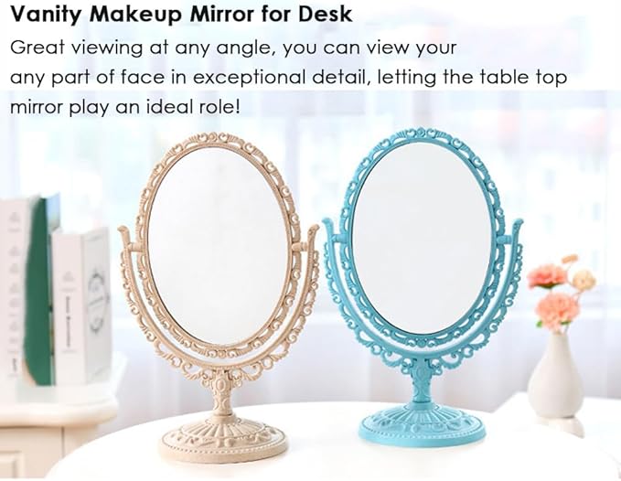 AKOAK 1 Pack Desktop Makeup Mirror, Oval Desk Makeup Mirror, Double-Sided 360-degree Rotating Makeup Mirror Bathroom Bedroom Makeup Mirror, Travel Mirror Suitable for Women (Blue)