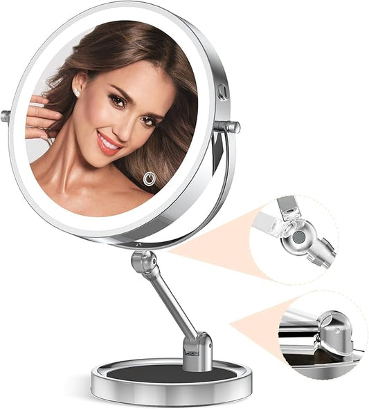 9" Large Lighted Makeup Mirror with 1X/10X Magnification, 4000mAh Rechargeable Vanity Mirror with Height Adjustable & 3 Color Dimmable Lights, 360°Swivel Double Sided Tabletop Cosmetic Mirror