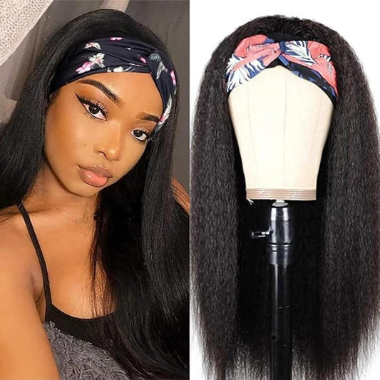 Headband Wigs Human Hair 180% Density 12A Kinky Straight Human Hair Headband Wigs For Black Women Yaki Straight Human Hair Wigs With Headband Attached Half Wig Natural Black Color 24 Inch