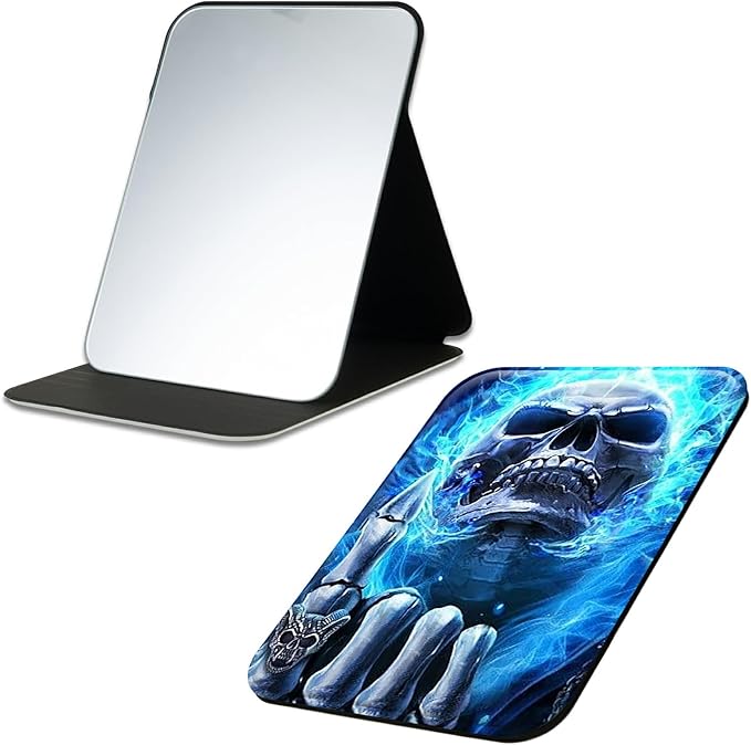 Blue Flame Skull Fingers Folding Travel Mirror Vanity Mirror PU Leather Portable Adjustable Rectangular Ultrathin Makeup Mirror,for Travel, Camping,Home