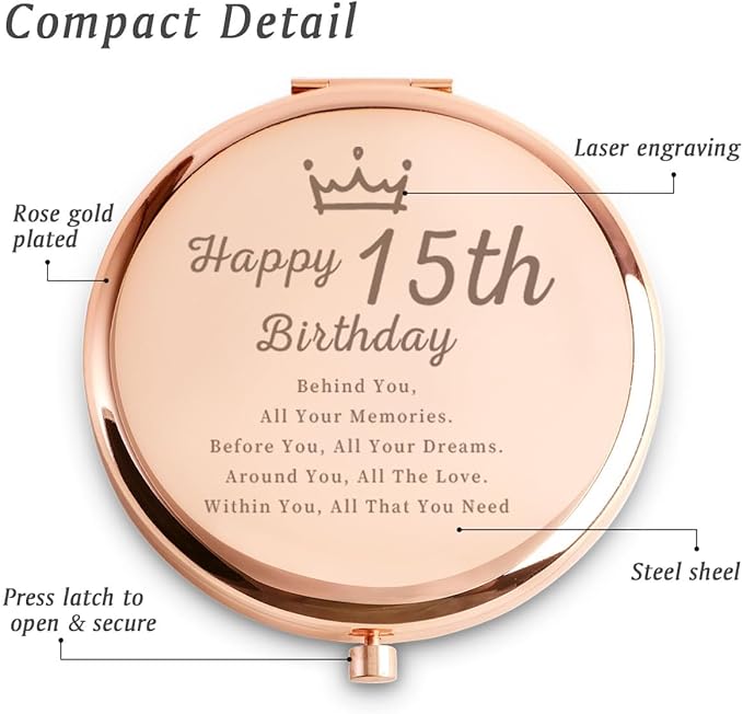 16th Birthday Gifts for Girls, Sweet Female Presents for 16 Year Old Daughter Niece Granddaughter Sister Friend, Personalized Engraved Compact Mirror Gift Ideas