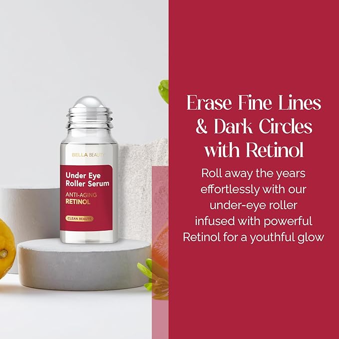 Bella Beauty Eye Roller Serum with Retinol & Vitamin B5 - Reduces Dark Circles, Puffiness & Fine Lines - Anti-Aging, Dermatologist Tested, Korean Skin Care for All Skin Types - 1.69 Fl. Oz