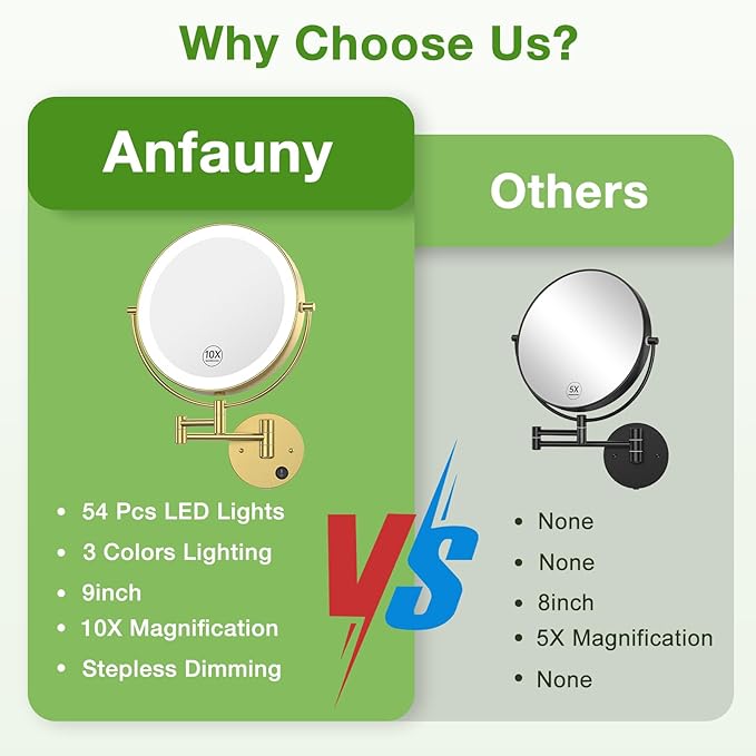 Anfauny 9 Inch Wall Mounted Lighted Makeup Mirror, Double Sided 1X/10X Magnifying LED Vanity Mirror with 3 Color Lights & Stepless Dimming, 360°Swivel Extendable Bathroom Cosmetic Mirror-Gold