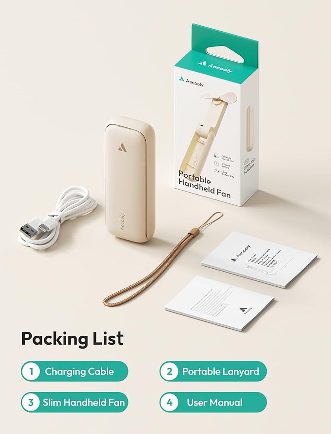 Aecooly Slim Portable Fan 2 Pack, Thin Handheld Fan, USB Rechargeable Mini Personal [24H Max Cooling Time], Battery Powered Small Foldable Pocket for Travel, Summer, Gifts for Women -Beige